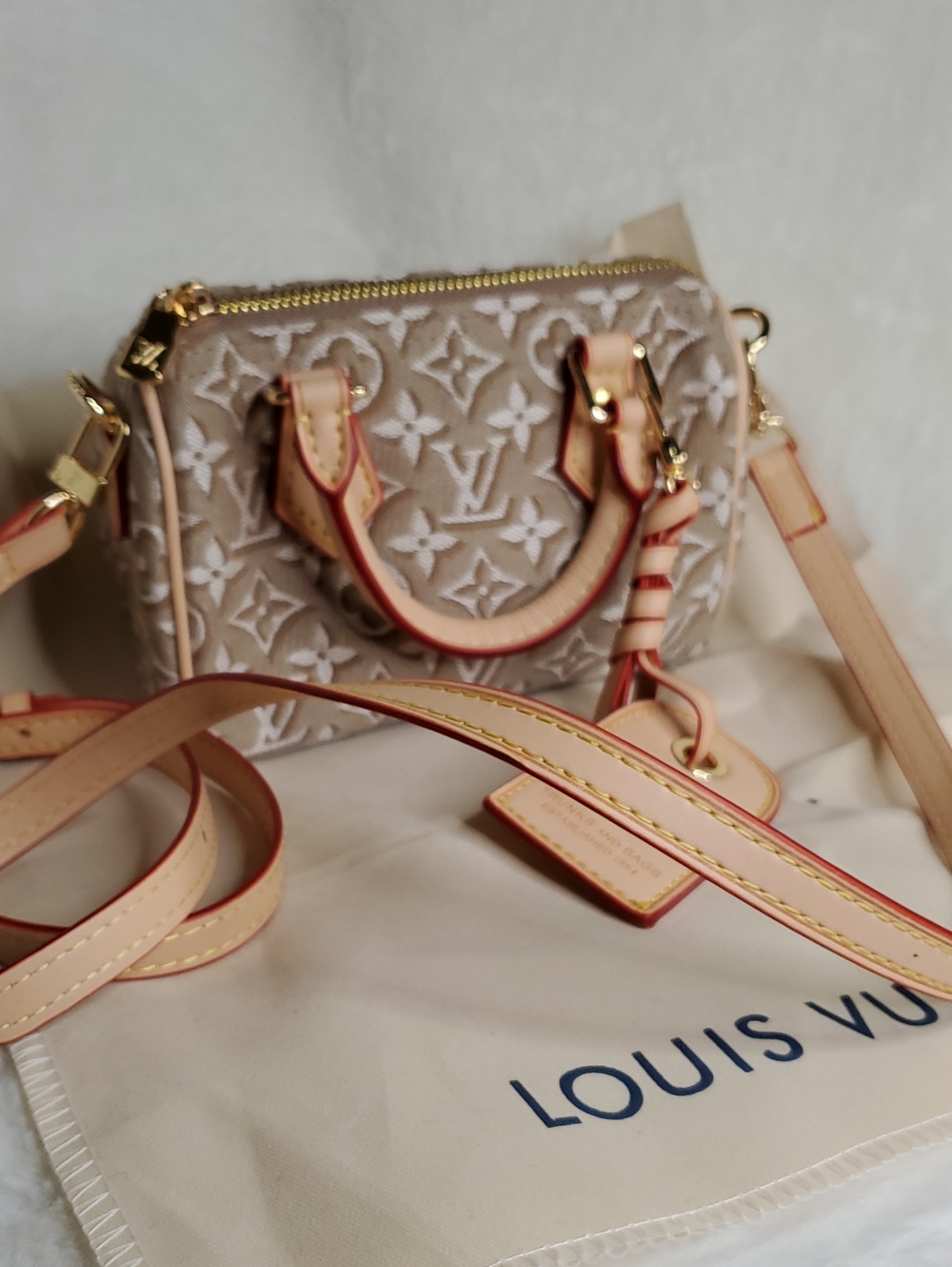 Lv  Mini Monogram Velvet Satchel in Light Beige and Cream